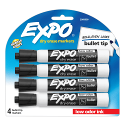 EXPO® Low-Odor Dry-Erase Markers, Bullet Tip, Black/White Barrel, Black Ink, Pack Of 4 Markers