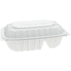 Pactiv Evergreen EarthChoice® Vented Microwavable MFPP Hinged Lid Containers, 2-Compartment, 3-1/8"H x 9"W x 6"D, White, Carton Of 170 Containers