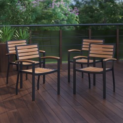 Flash Furniture Lark Outdoor Stackable Faux Teak Side Chairs, Teak/Black, Set Of 4 Chairs