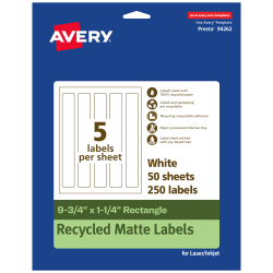 Avery® Recycled Paper Labels, 94262-EWMP50, Rectangle, 9-3/4" x 1-1/4", White, Pack Of 250