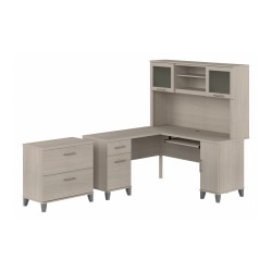 Bush Furniture Somerset 60"W L-Shaped Desk With Hutch And Lateral File Cabinet, Sand Oak, Standard Delivery