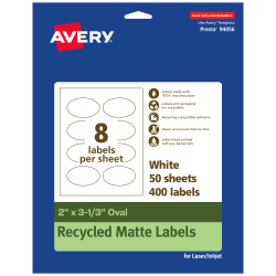 Avery® Recycled Paper Labels, 94056-EWMP50, Oval, 2" x 3-1/3", White, Pack Of 400