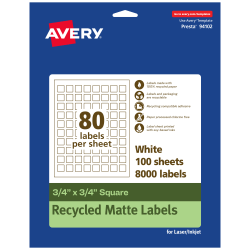 Avery® Recycled Paper Labels, 94102-EWMP100, Square, 3/4" x 3/4", White, Pack Of 8000