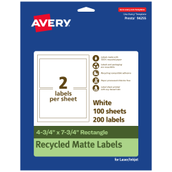 Avery® Recycled Paper Labels, 94255-EWMP100, Rectangle, 4-3/4" x 7-3/4", White, Pack Of 200