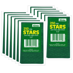 Eureka Presto-Stick Foil Star Stickers, 1/2", Green, 250 Stickers Per Pack, Set Of 12 Packs