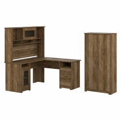 Bush Business Furniture Cabot 60"W L-Shaped Corner Desk With Hutch And Tall Storage Cabinet With Doors, Reclaimed Pine, Standard Delivery