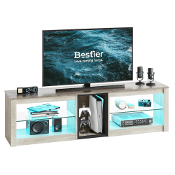 Bestier 63" Gaming TV Stand For 70" TV With Glass Shelves, 20-9/16"H x 63"W x 13-13/16"D, White Wash