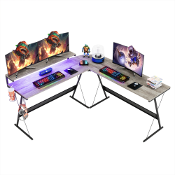 Bestier L-Shaped RGB Gaming Desk With Monitor Stand & Multi-Function Hooks, 65"W, Gray Oak