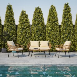 Flash Furniture Evin Boho 4-Piece Indoor/Outdoor Rope Rattan Patio Conversation Set With Tempered Glass Top Coffee Table And Cushions, Cream/Natural