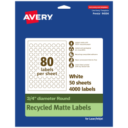 Avery® Recycled Paper Labels, 94504-EWMP50, Round, -3/4" diameter, White, Pack Of 4000