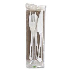World Centric® TPLA Compostable Cutlery, Fork/Knife/Spoon/Napkin, White, Carton Of 250 Kits