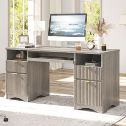 Bestier 60"W Executive Computer Desk With Keyboard Tray And 4 Storage Drawers, Wash Gray