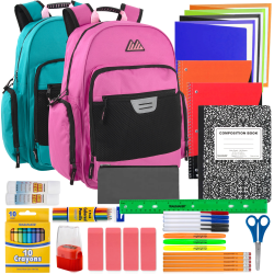 Summit Ridge Multi-Pocket Reflective Collegiate Backpacks With 45-Piece School Supply Kits, Pink/Teal, Total Qty 24