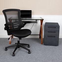 Flash Furniture Work From Home Desk And Chair Set With Glass Desk, Ergonomic Mesh Office Chair And Filing Cabinet, Black, BLNNAN28APX5BK