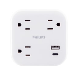 Philips Elite 3-Outlet Surge Tap With USB, 6-3/4"H x 5-3/4"W x 1-15/16"D, White