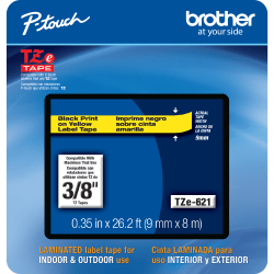 Brother® TZE621CS Genuine P-Touch Laminated Label Tape, 3/8" x 26-1/4', Yellow/Black