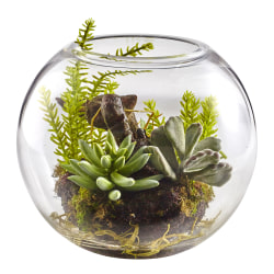 Nearly Natural Mixed Succulents 6-1/2"H Plastic Garden With Glass Vase, 6-1/2"H x 8"W x 8"D, Green