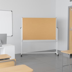 Flash Furniture Reversible Cork Bulletin/Magnetic Dry-Erase Whiteboard, 64 3/4" x 64 1/4", Silver Aluminum Frame
