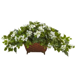 Nearly Natural Bougainvillea 17"H Artificial Plant With Metal Planter, 17"H x 36"W x 22"D, White