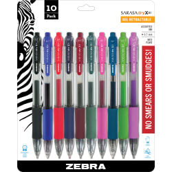 Zebra® Pen SARASA® Retractable Gel Pens, Pack Of 10, Medium Point, 0.7 mm, Clear Barrel, Assorted Ink Colors