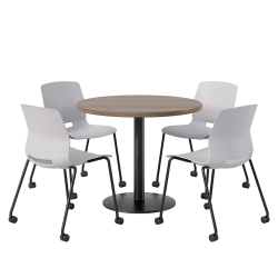 KFI Studios Proof Cafe Round Pedestal Table With Imme Caster Chairs, Includes 4 Chairs, 29"H x 36"W x 36"D, Studio Teak Top/Black Base/Light Gray Chairs