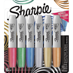 Sharpie Metallic Ink Permanent Markers, Chisel Point, Assorted Metallic Ink Colors, Gray Barrels, Pack Of 6 Markers