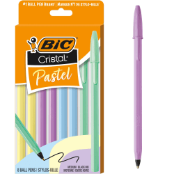 BIC Cristal Pastel Ballpoint Pens, Black Ink, Pastel Colored Barrels, Pens for Journaling, 8-Count Pack