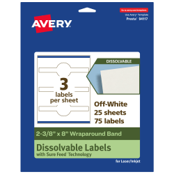 Avery® Dissolvable Labels With Sure Feed® Technology, 94117-DWMP25, Cigar, 2-3/8"x8", Matte Off-White, Pack Of 75