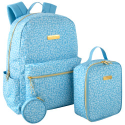 Jessica Simpson Backpack With 16" Laptop Pocket, Lunch Bag And Coin Purse, Blue Leopard Print