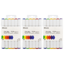 BAZIC Products Dual Tip Sketch Markers, Primary Colors, 6 Per Pack, Set Of 3 Packs