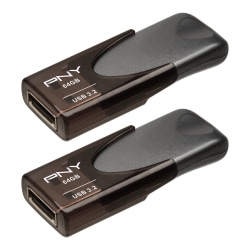 PNY Elite Turbo Attaché 4 USB 3.2 Flash Drives, 64 GB, Dark Gray, Pack Of 2 Flash Drives