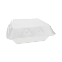 Pactiv Evergreen SmartLock® Vented Foam Hinged Lid Containers, 3-Compartment, 3-1/4"H x 9"W x 9-1/4"D, White, Carton Of 150 Containers
