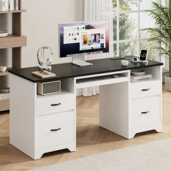 Bestier 59" Rectangular Computer Desk with Drawers and Power Outlet, Home Office Desk with Keyboard Tray, White