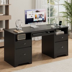 Bestier 59" Rectangular Computer Desk with Drawers and Power Outlet, Home Office Desk with Keyboard Tray, Black