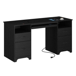 Bestier 59" Rectangular Computer Desk with Drawers and Power Outlet, Home Office Desk with Keyboard Tray, Black