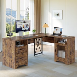 Bestier 63"W L-Shaped Corner Desk With Drawers and Power Outlets, Rustic Brown