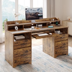 Bestier 60"W Computer Desk With Keyboard Tray And Power Outlet, Rustic Brown