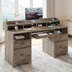 Bestier 60"W Computer Desk With Keyboard Tray And Power Outlet, Gray