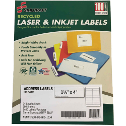 SKILCRAFT Recycled Address Labels - 1 21/64" Width x 4" Length - Permanent Adhesive - Rectangle - Laser, Inkjet - White - Fiber - 14 / Sheet - 100 Total Sheets - 1400 / Pack
