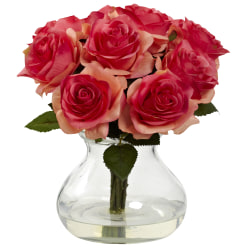 Nearly Natural Rose 11"H Plastic Floral Arrangement With Vase, 11"H x 11"W x 11"D, Dark Pink