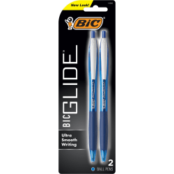BIC® Glide Pens, Pack Of 2, Medium Point, 1.0 mm, Blue/Nickel Silver Barrel, Blue Ink