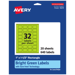 Avery® Print-To-The-Edge Labels With Sure Feed® Technology And Easy Peel® Label Feature, 94219-BGP20, Rectangle, 1" x 1-1/2", Matte Bright Green, Pack of 640