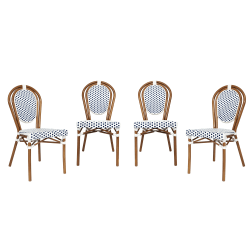 Flash Furniture 4 Pack Lourdes Indoor/Outdoor Commercial Thonet Bistro Stacking Chair, PE Rattan and Aluminum Frame, White & Navy/Natural Frame