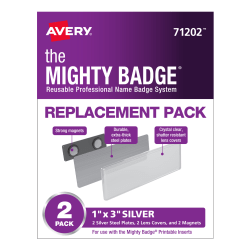 Avery® 71202 The Mighty Badge Professional Replacement Name Badges, 1" x 3", Silver, Pack Of 2 Badges