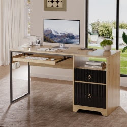 Bestier 56"W Writing Desk With Storage Drawer And Keyboard Tray, Natural Oak