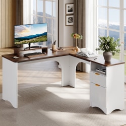 Bestier 56"W Modern L-Shaped Corner Desk With Filing Drawer, White/Walnut