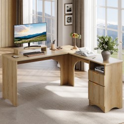 Bestier 56"W Modern L-Shaped Corner Desk With Filing Drawer, Natural Oak