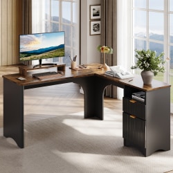 Bestier 56"W Modern L-Shaped Corner Desk With Filing Drawer, Black/Rustic Brown