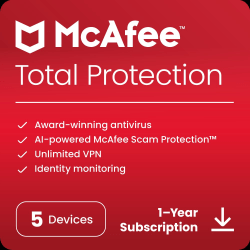 McAfee® Total Protection Antivirus & Internet Security Software, For 5 Devices, 1-Year Subscription, For Windows®/Mac®/Android/iOS/ChromeOS, Download
