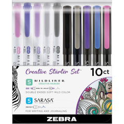 Zebra® Pen SARASA®/MILDLINER™ 10-Piece Creative Starter Set, Assorted Sizes, Assorted Ink Colors